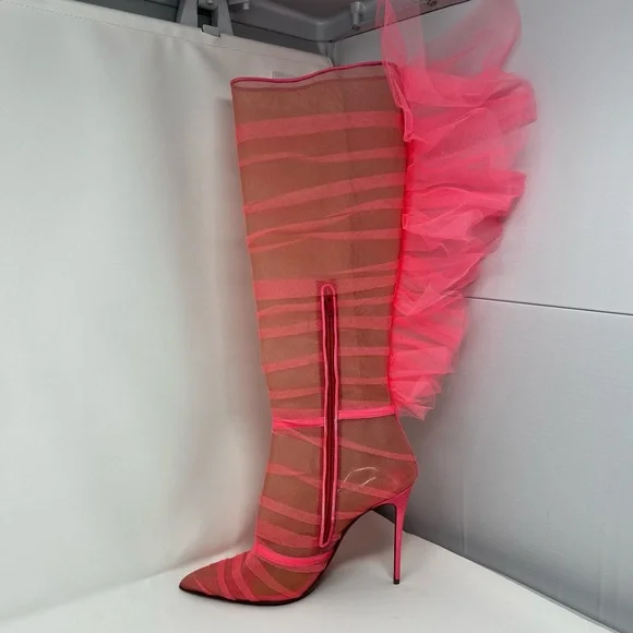 RARE Christian Louboutin SS22 Libellibotta Pink Tulle Knee High Boots Heels 40 - Picture 6 of 15